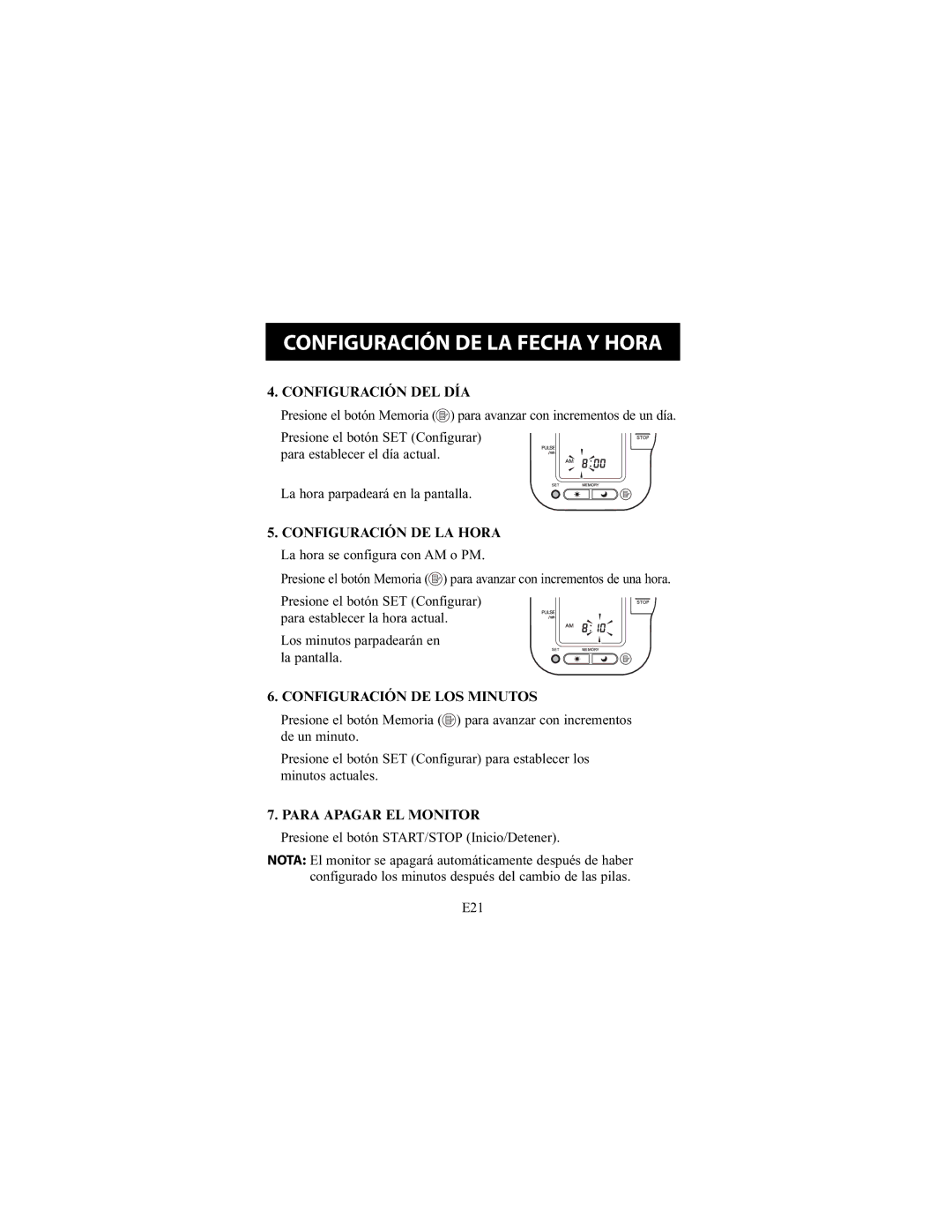 Omron Healthcare HEM-790IT instruction manual Configuración DEL DÍA, Configuración DE LOS Minutos, Para Apagar EL Monitor 