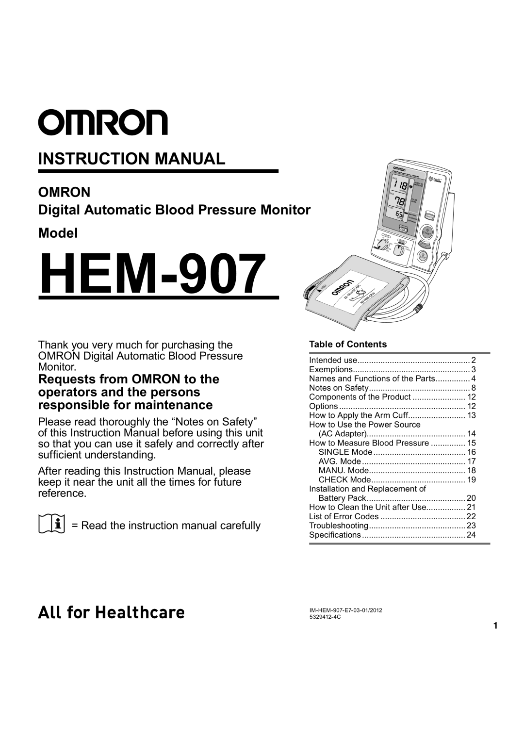 Omron Healthcare HEM-907 instruction manual Table of Contents 