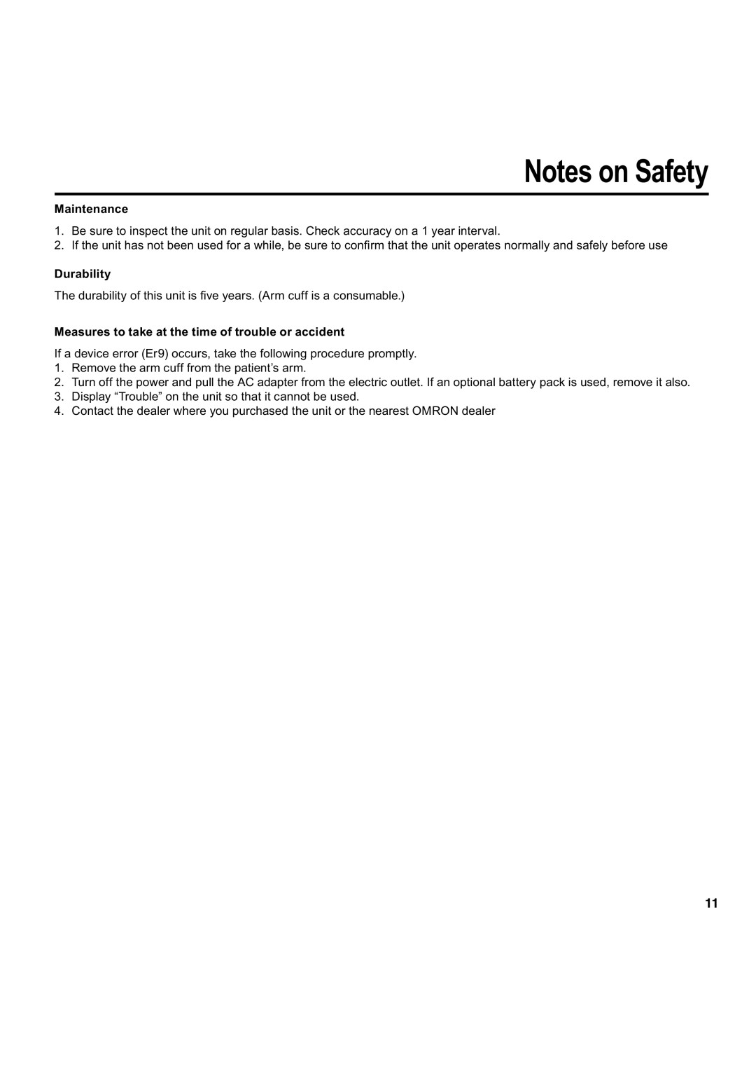 Omron Healthcare HEM-907 instruction manual Maintenance, Durability, Measures to take at the time of trouble or accident 