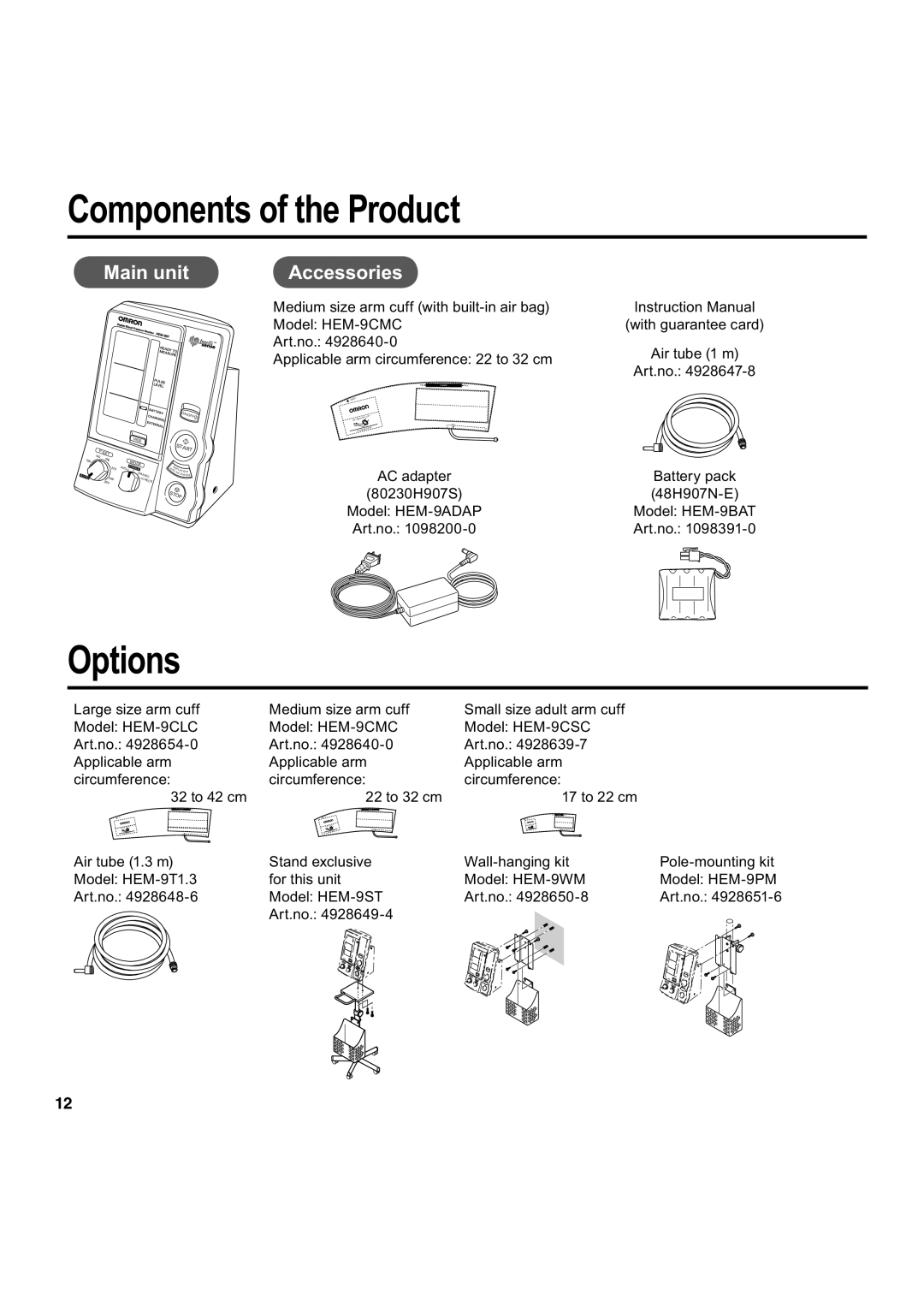 Omron Healthcare HEM-907 instruction manual Components of the Product, Options 