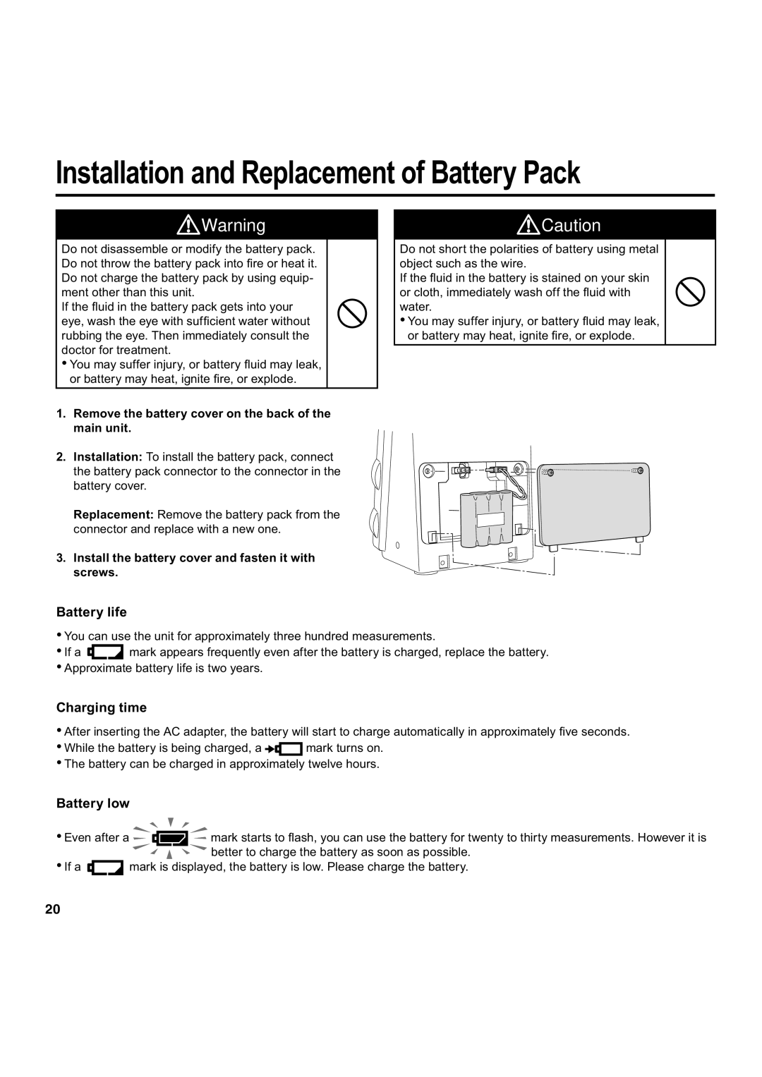 Omron Healthcare HEM-907 Installation and Replacement of Battery Pack, Battery life, Charging time, Battery low 