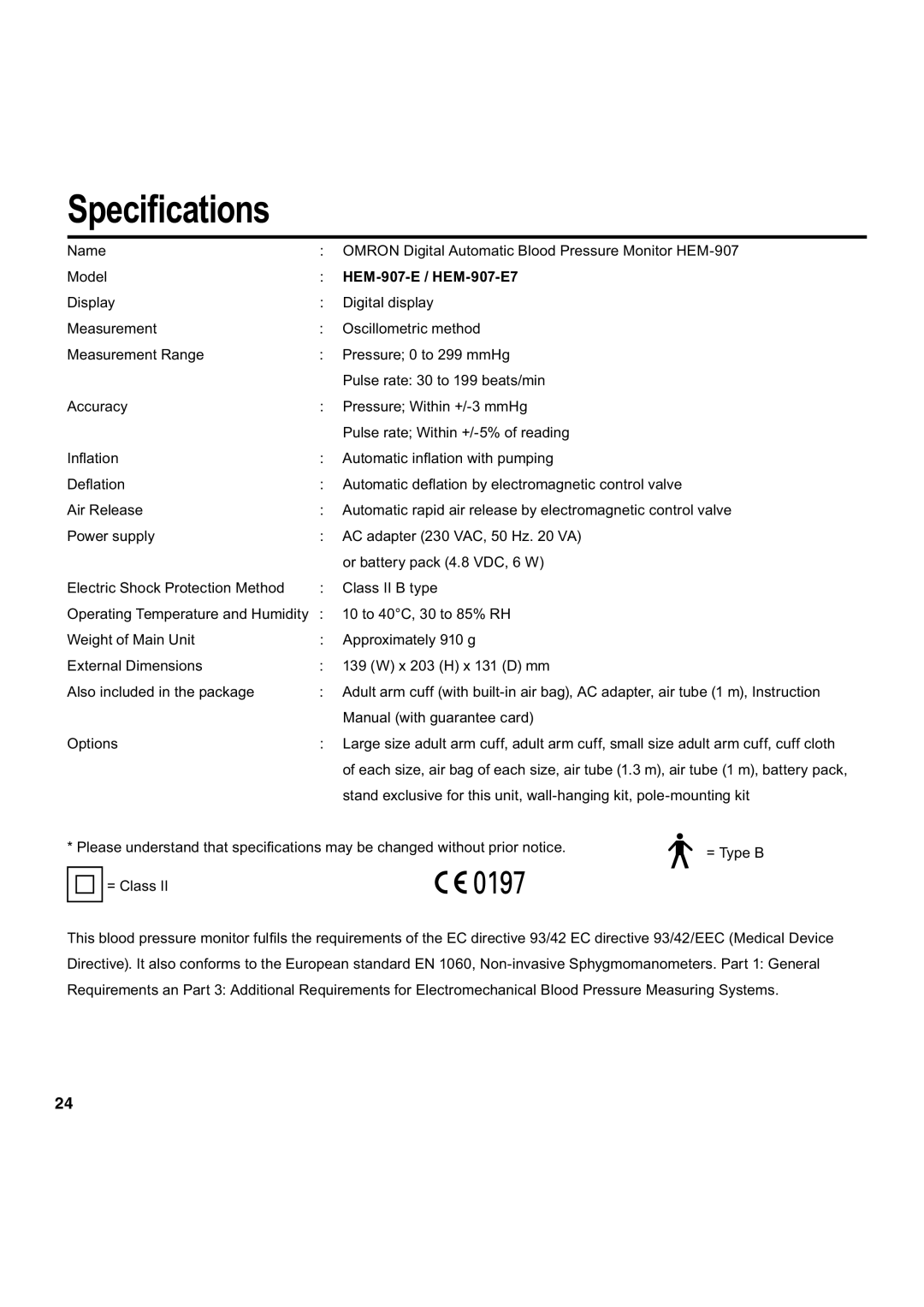 Omron Healthcare instruction manual Speci cations, HEM-907-E / HEM-907-E7 