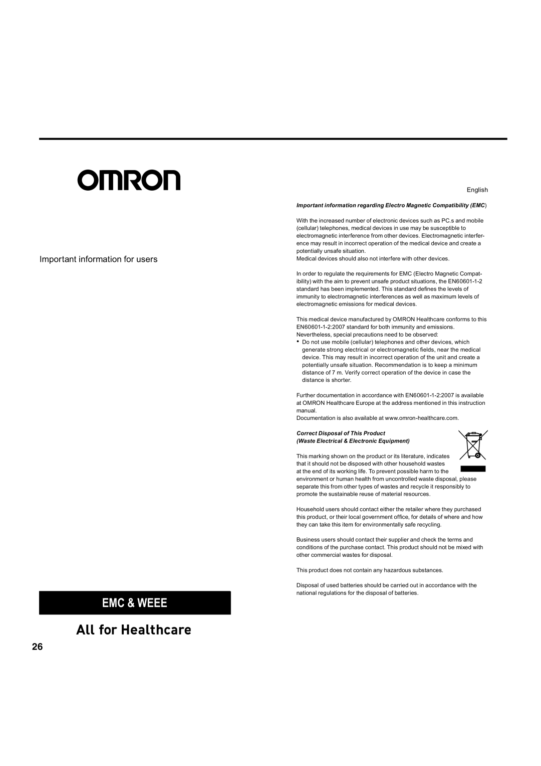 Omron Healthcare HEM-907 instruction manual EMC & Weee 