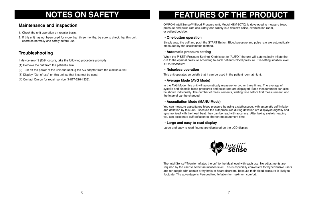 Omron Healthcare HEM-907XL manual Features of the Product, Maintenance and inspection, Troubleshooting 