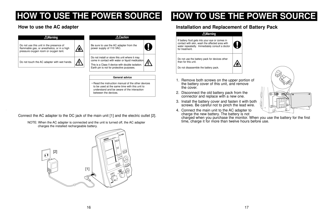 Omron Healthcare HEM-907XL manual HOW to USE the Power Source, How to use the AC adapter 