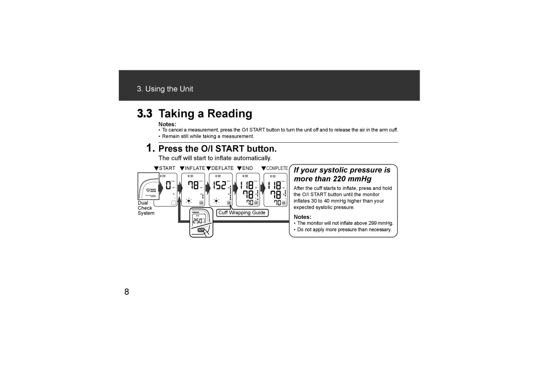 Omron Healthcare HEM-7211-E8, HEM-CR24 instruction manual Taking a Reading, Press the O/I Start button 