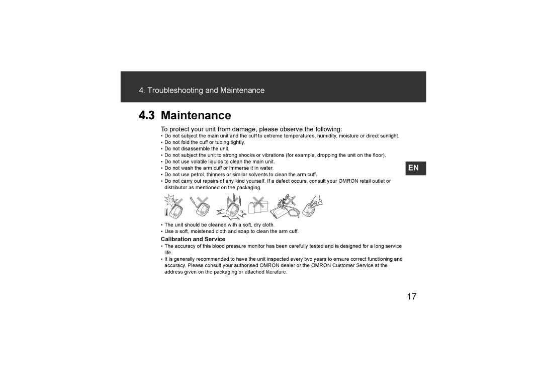 Omron Healthcare HEM-7211-E8, HEM-CR24 instruction manual Maintenance, Calibration and Service 