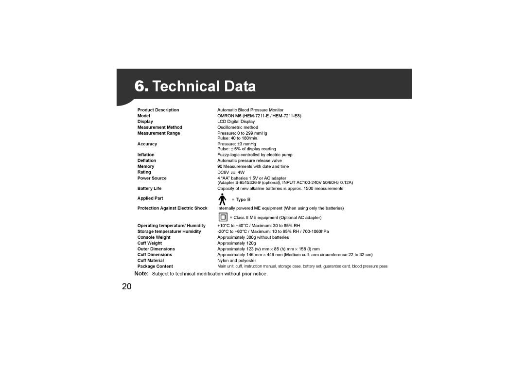 Omron Healthcare HEM-7211-E8, HEM-CR24 instruction manual Technical Data, Power Source 