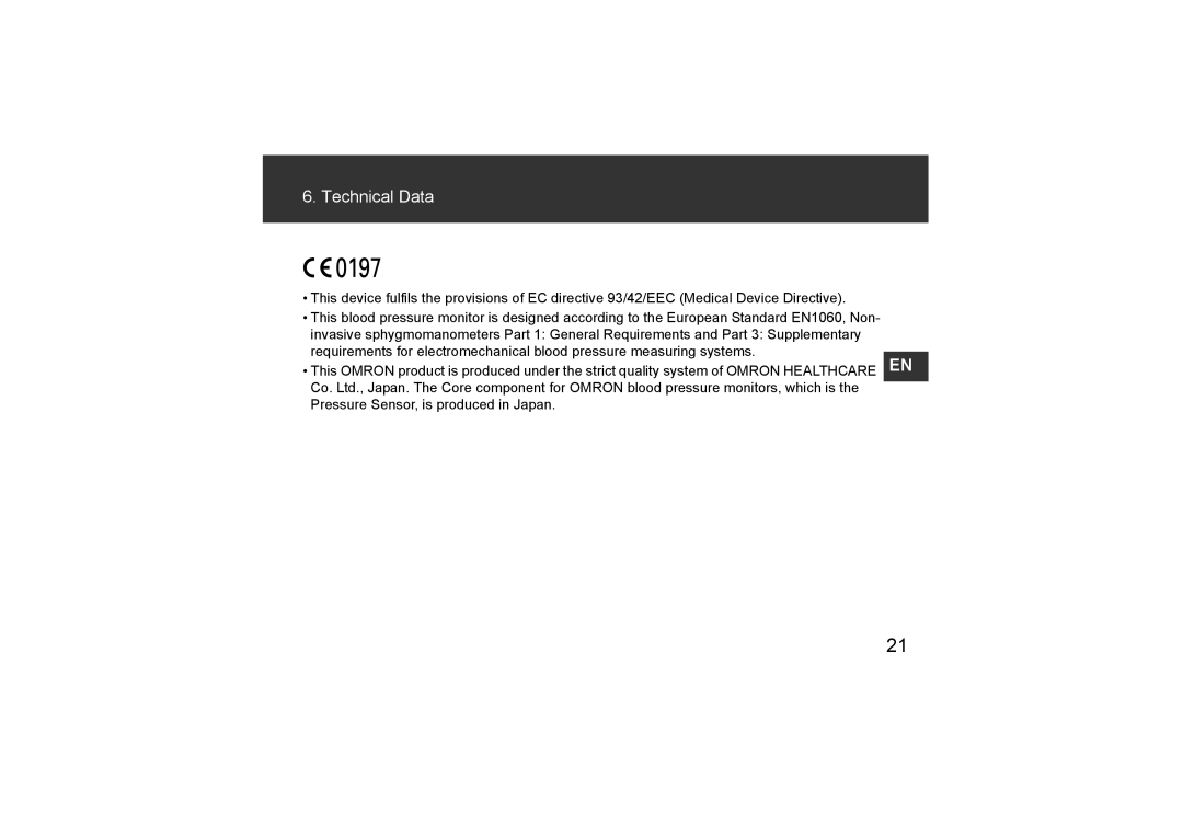 Omron Healthcare HEM-CR24, HEM-7211-E8 instruction manual Technical Data 