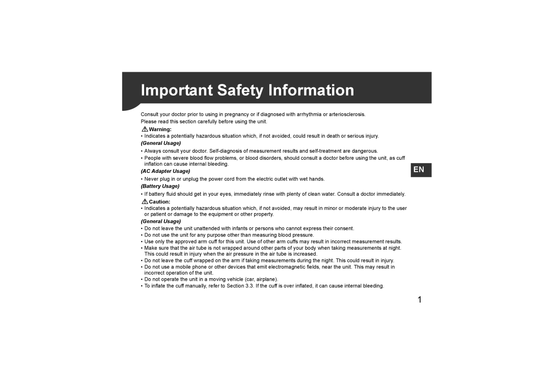 Omron Healthcare HEM-CR24, HEM-7211-E8 instruction manual Important Safety Information, General Usage 