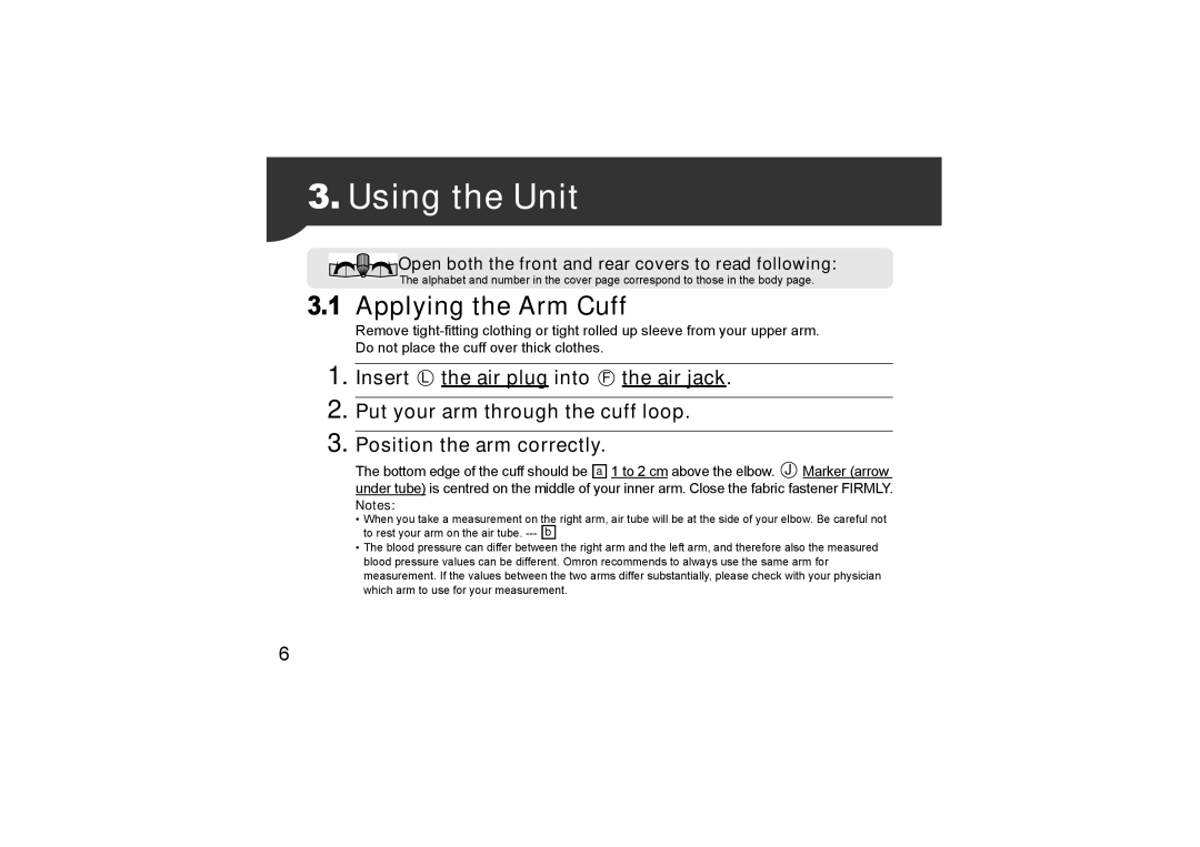 Omron Healthcare HEM-CR24, HEM-7211-E8 instruction manual Using the Unit, Applying the Arm Cuff 