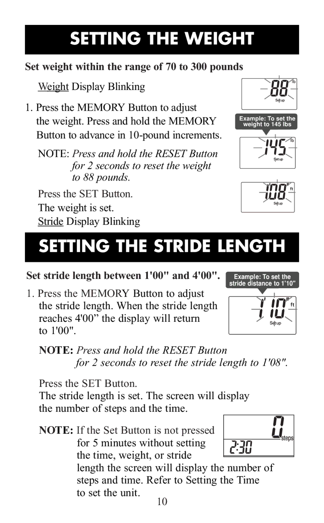 Omron Healthcare HJ-105 manual Setting the Weight, Setting the Stride Length 