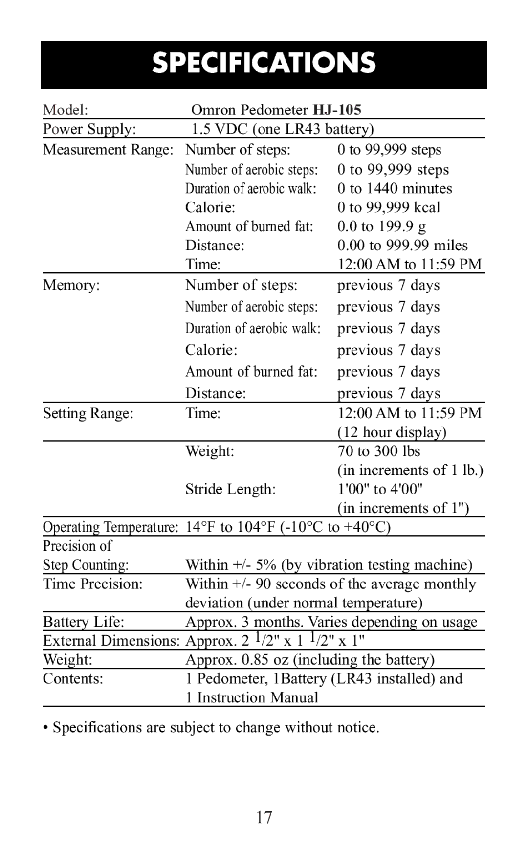 Omron Healthcare HJ-105 manual Specifications, Model 