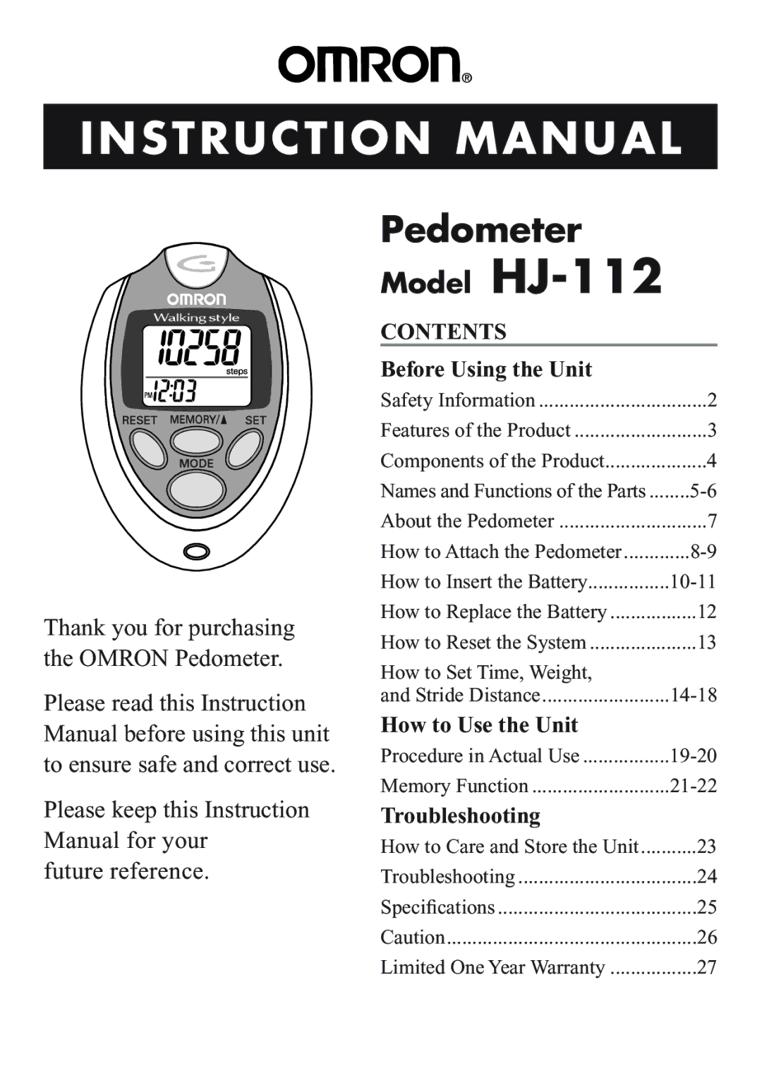 Omron Healthcare HJ-112 manual Pedometer 