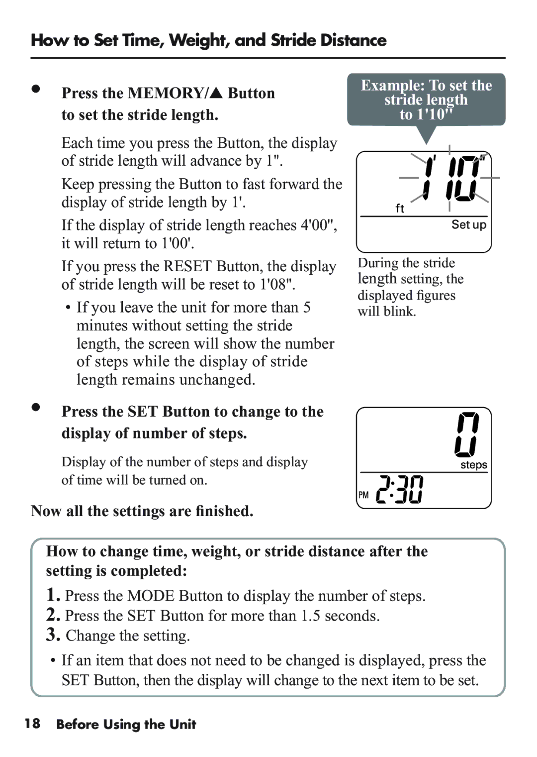 Omron Healthcare HJ-112 manual Press the MEMORY/ Button to set the stride length 