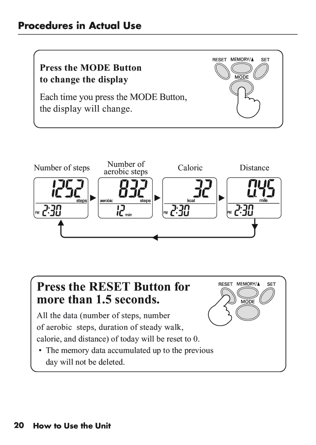 Omron Healthcare HJ-112 manual Procedures in Actual Use, Press the Mode Button to change the display 