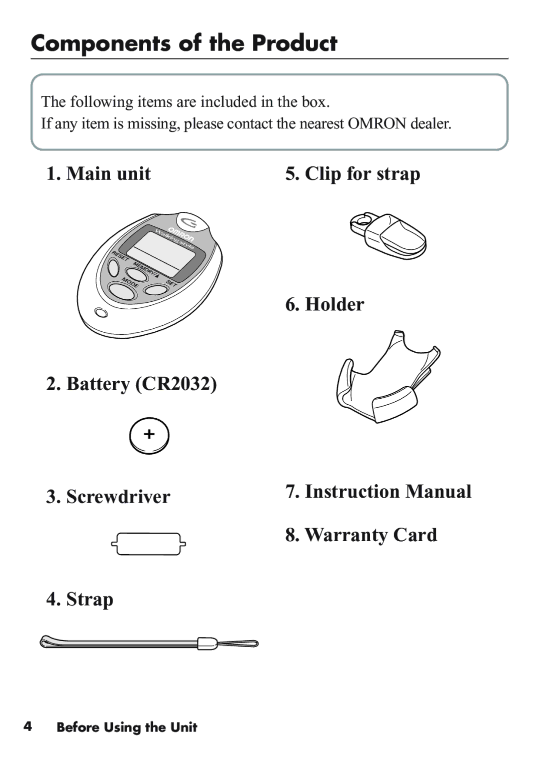 Omron Healthcare HJ-112 manual Components of the Product, Main unit, Holder Battery CR2032 Screwdriver Warranty Card Strap 