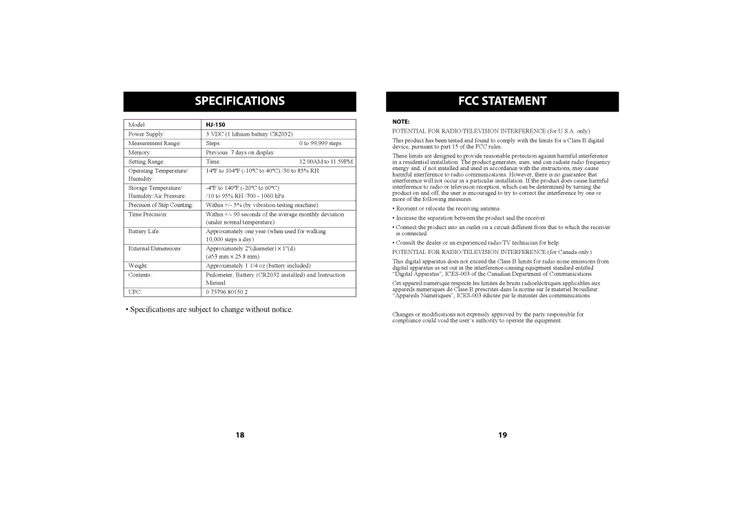 Omron Healthcare HJ-150 instruction manual Specifications, FCC Statement 