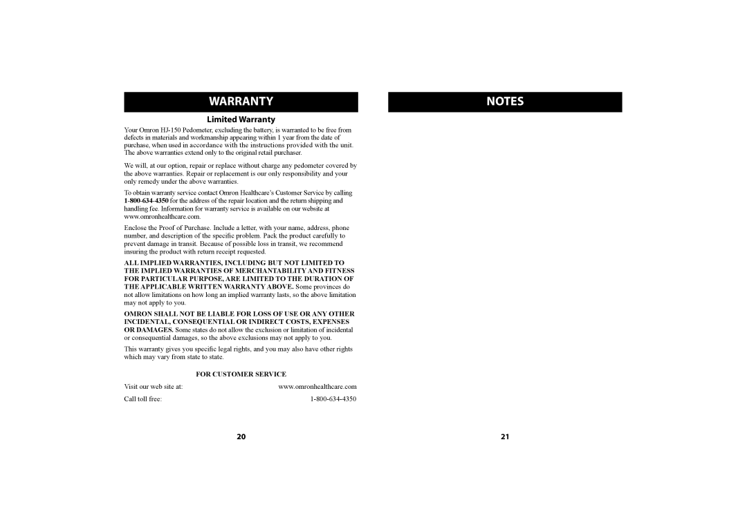 Omron Healthcare HJ-150 instruction manual Limited Warranty 