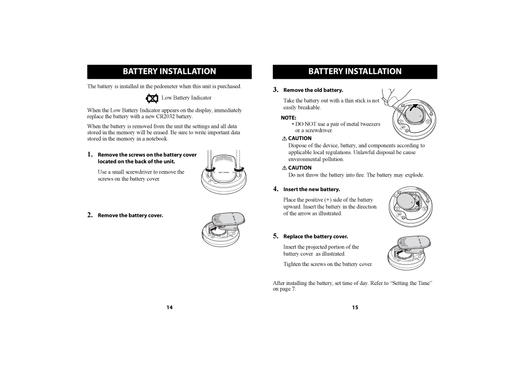 Omron Healthcare HJ-150 Battery Installation, Remove the battery cover, Remove the old battery, Insert the new battery 