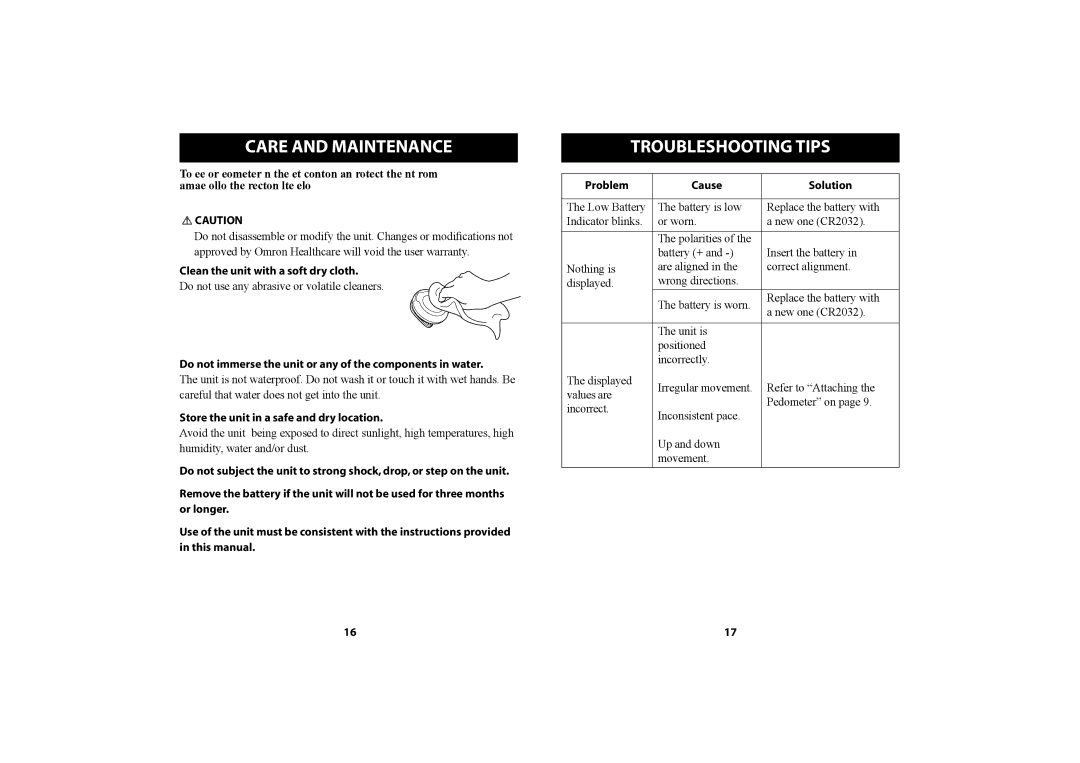 Omron Healthcare HJ-150 instruction manual Care and Maintenance, Troubleshooting Tips 