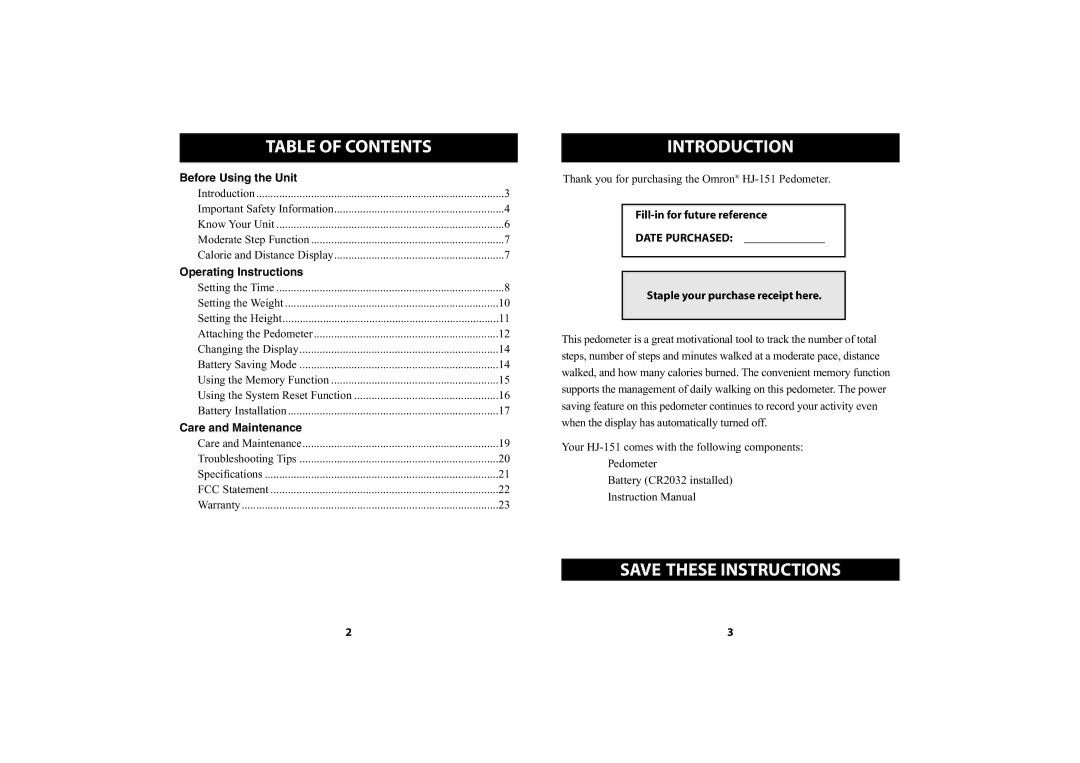 Omron Healthcare HJ-151 instruction manual Table of Contents, Introduction 