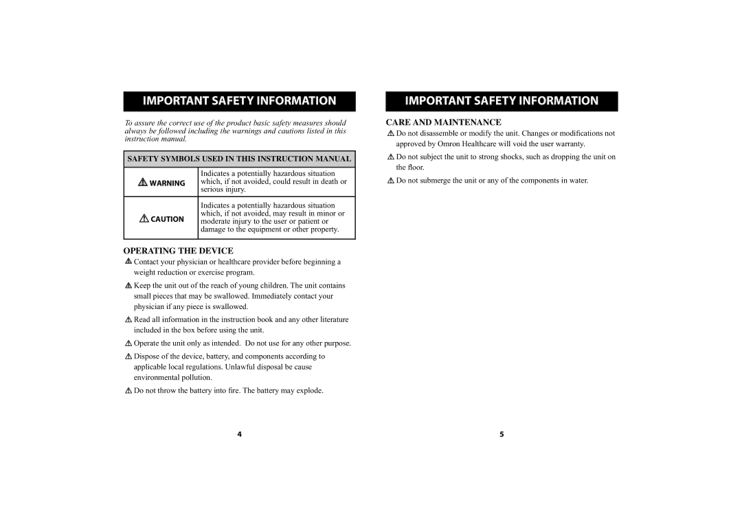 Omron Healthcare HJ-151 instruction manual Important Safety Information, Operating the Device 