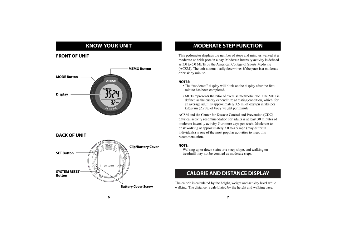 Omron Healthcare HJ-151 instruction manual Know Your Unit, Moderate Step Function, Calorie and Distance Display 