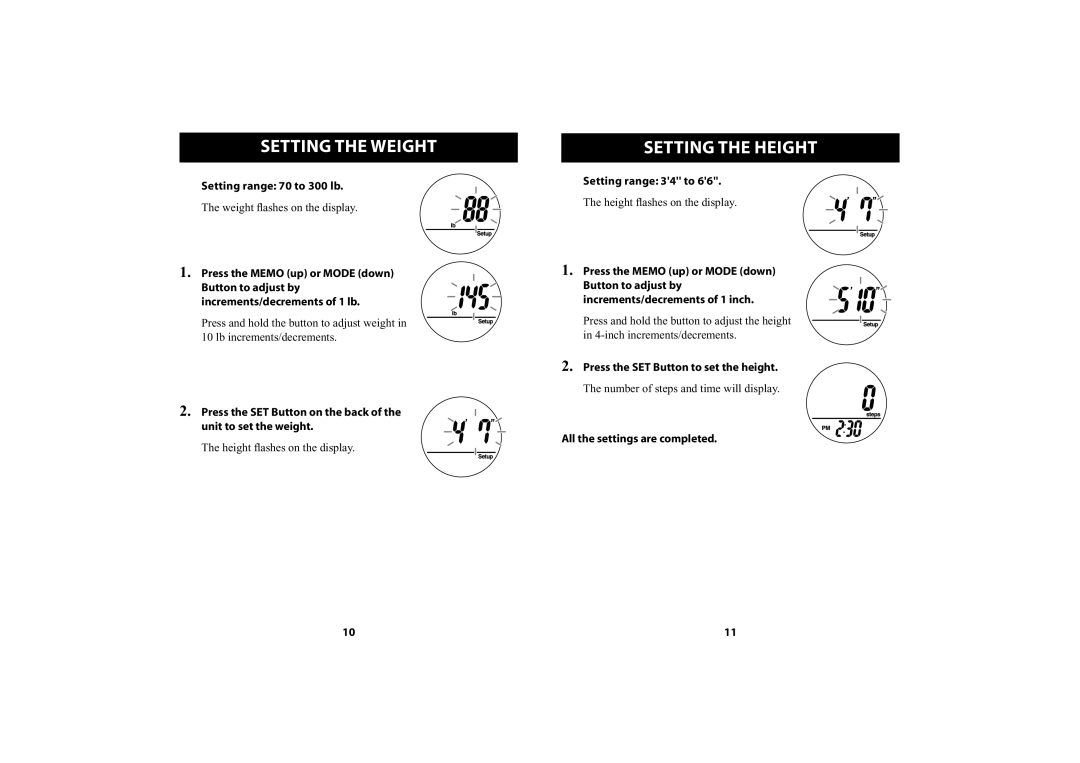 Omron Healthcare HJ-151 instruction manual Setting the Weight, Setting the Height 