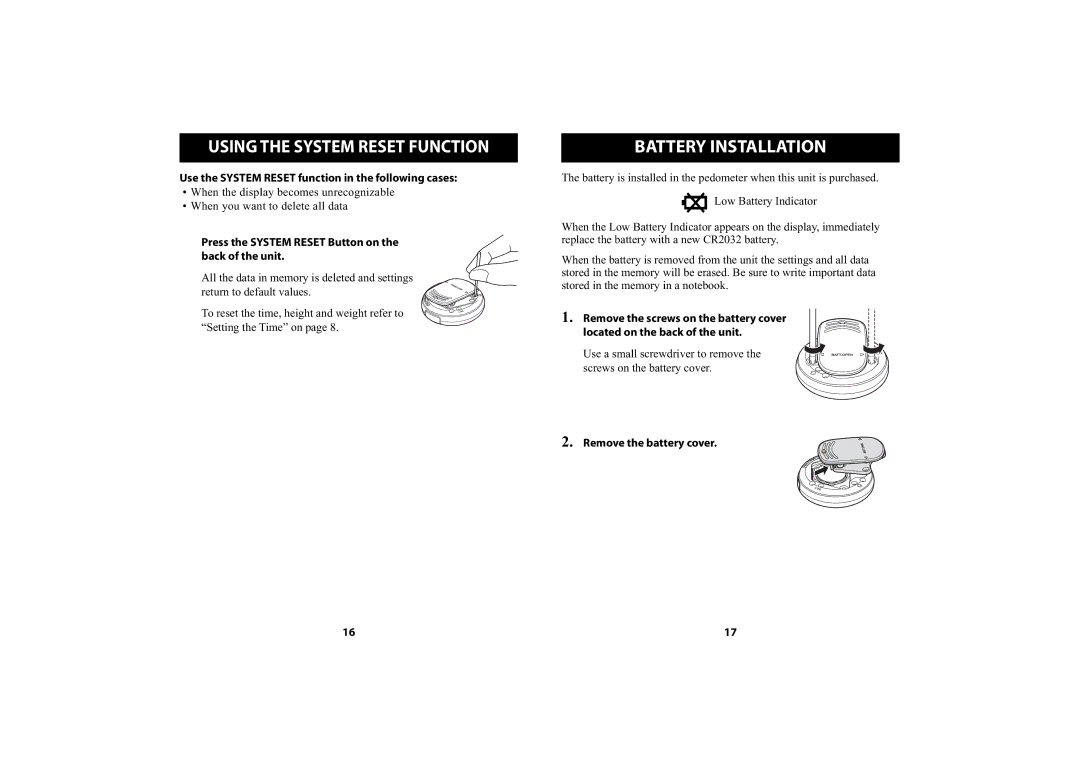 Omron Healthcare HJ-151 instruction manual Battery Installation, Use the System Reset function in the following cases 