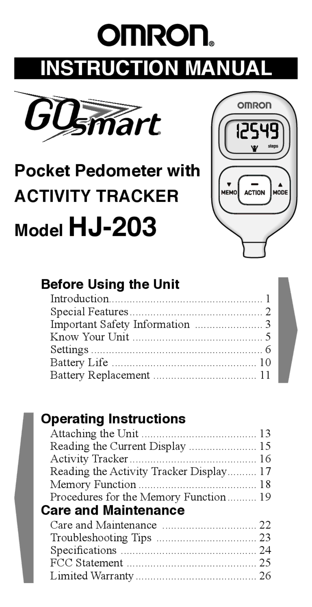 Omron Healthcare HJ-203 instruction manual Before Using the Unit, Operating Instructions, Care and Maintenance 