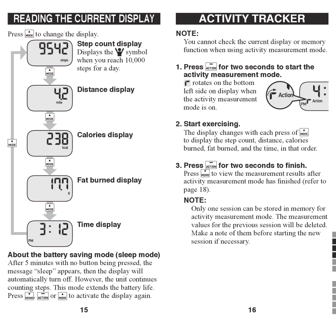 Omron Healthcare HJ-203 Reading the Current Display, Activity Tracker, Step count display, Start exercising 