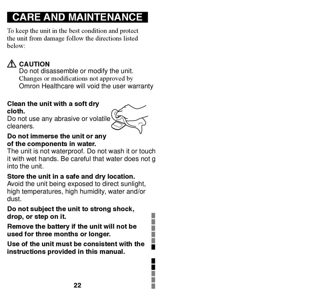 Omron Healthcare HJ-203 instruction manual Care and Maintenance, Clean the unit with a soft dry cloth 