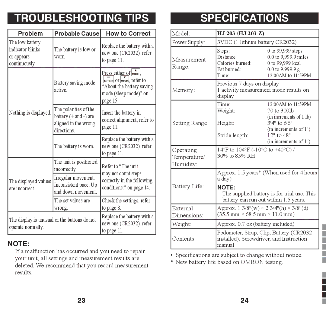 Omron Healthcare HJ-203 instruction manual Troubleshooting Tips, Specifications 