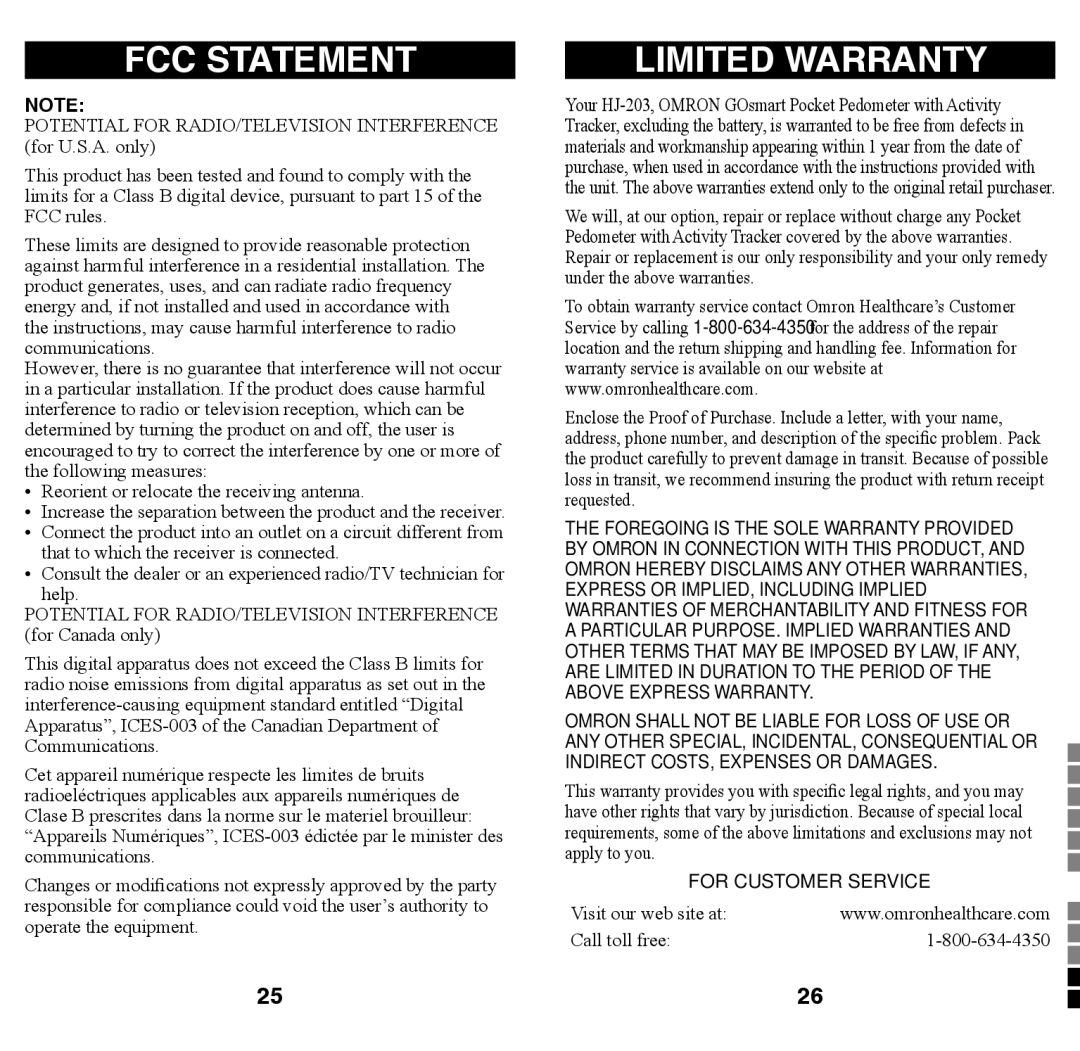 Omron Healthcare HJ-203 instruction manual FCC Statement, Limited Warranty 