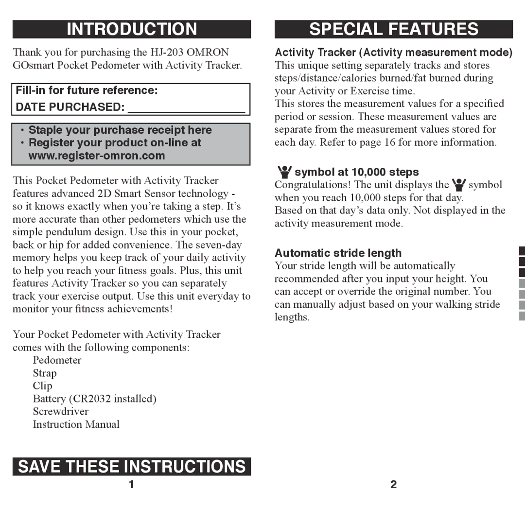 Omron Healthcare HJ-203 instruction manual Introduction, Special Features 