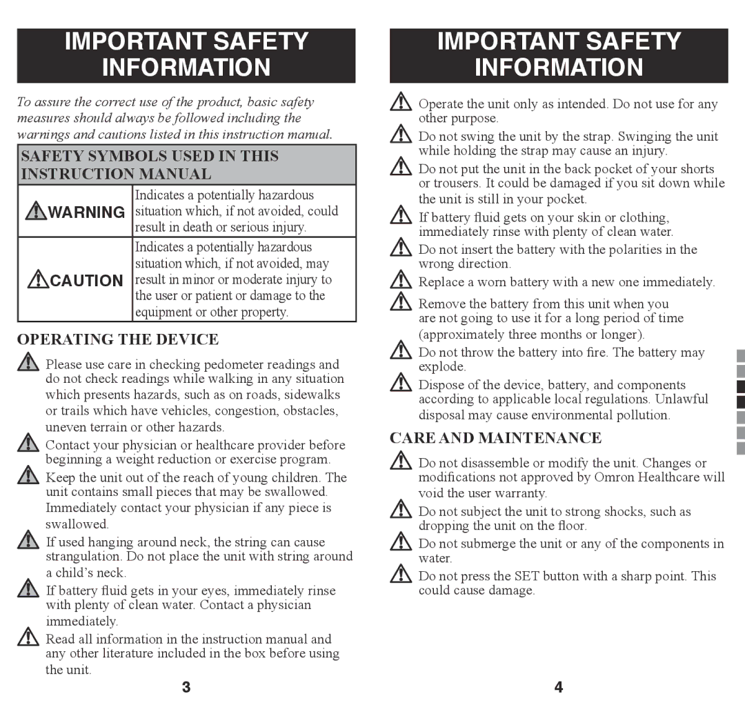 Omron Healthcare HJ-203 instruction manual Important Safety Information 