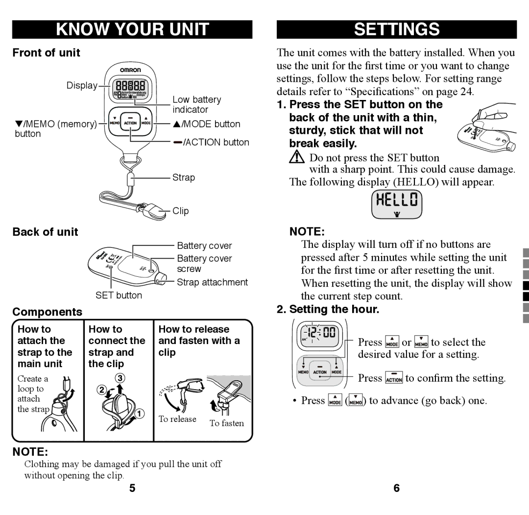 Omron Healthcare HJ-203 instruction manual Know Your Unit, Settings, Front of unit, Components, Setting the hour 