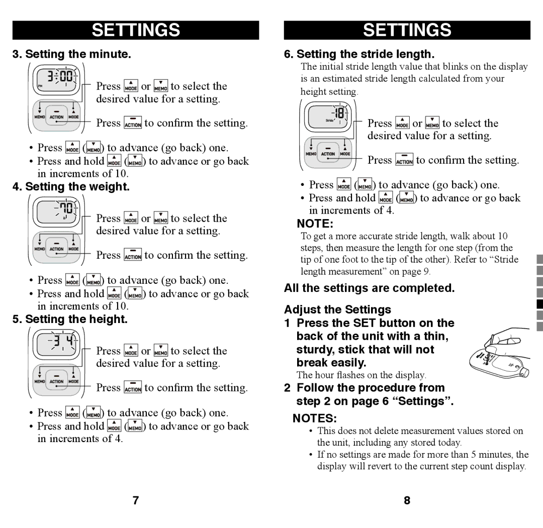 Omron Healthcare HJ-203 Settings, Setting the minute, Setting the weight, Setting the height, Setting the stride length 