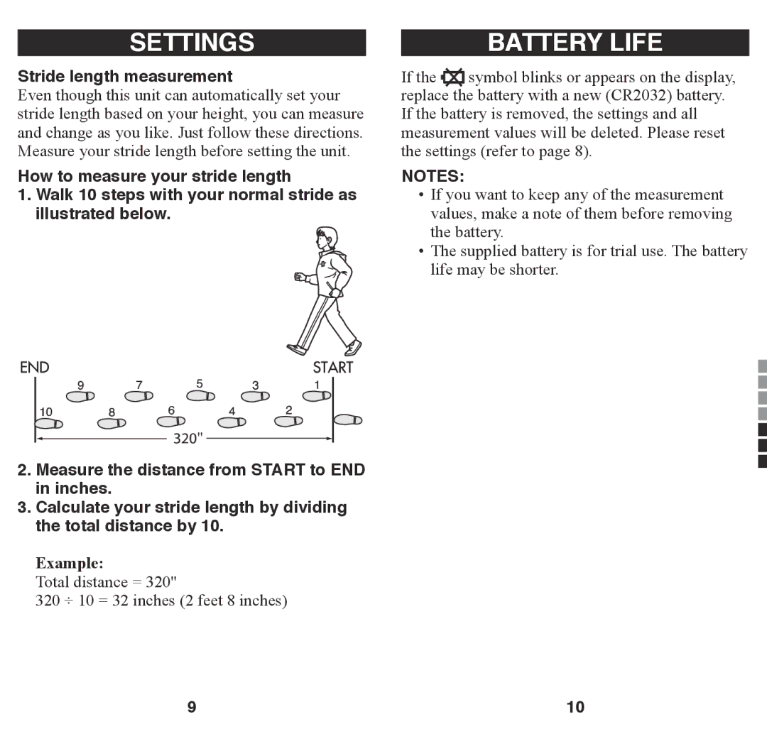 Omron Healthcare HJ-203 instruction manual Battery Life, Stride length measurement 