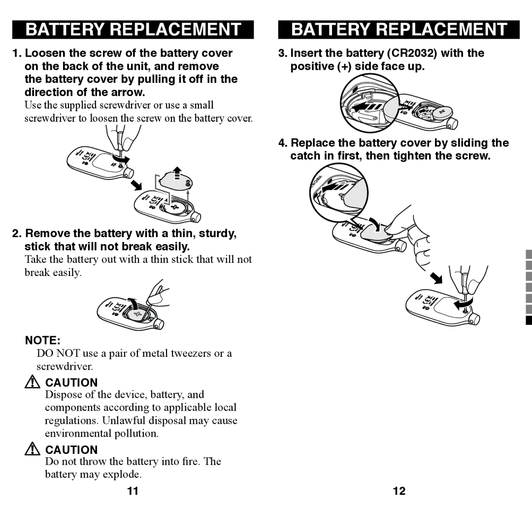 Omron Healthcare HJ-203 instruction manual Battery Replacement, Insert the battery CR2032 with the positive + side face up 