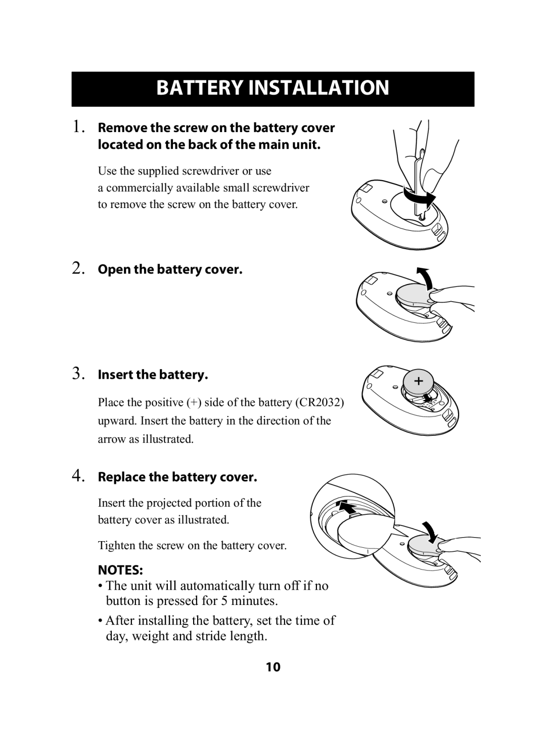 Omron Healthcare HJ-720ITC Battery Installation, Open the battery cover Insert the battery, Replace the battery cover 