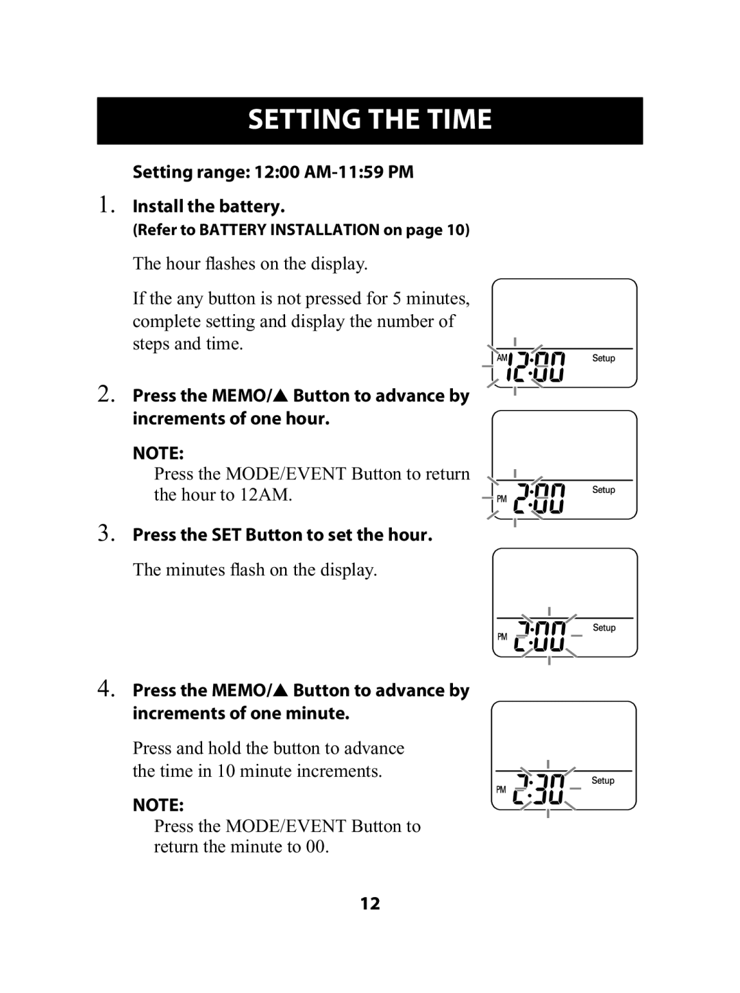 Omron Healthcare HJ-720ITC instruction manual Setting the Time, Setting range 1200 AM-1159 PM Install the battery 