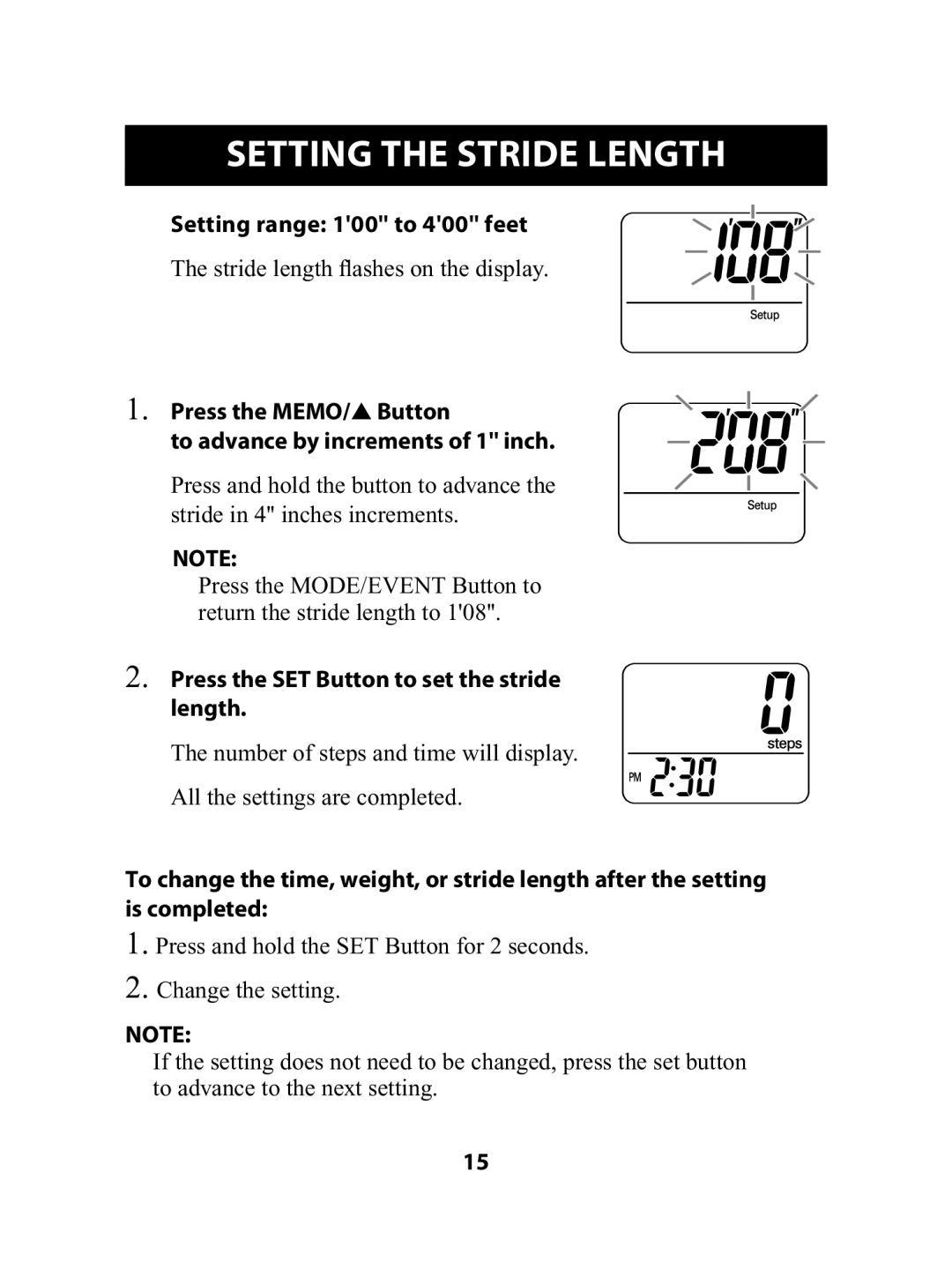 Omron Healthcare HJ-720ITC instruction manual Setting the Stride Length, Setting range 100 to 400 feet 