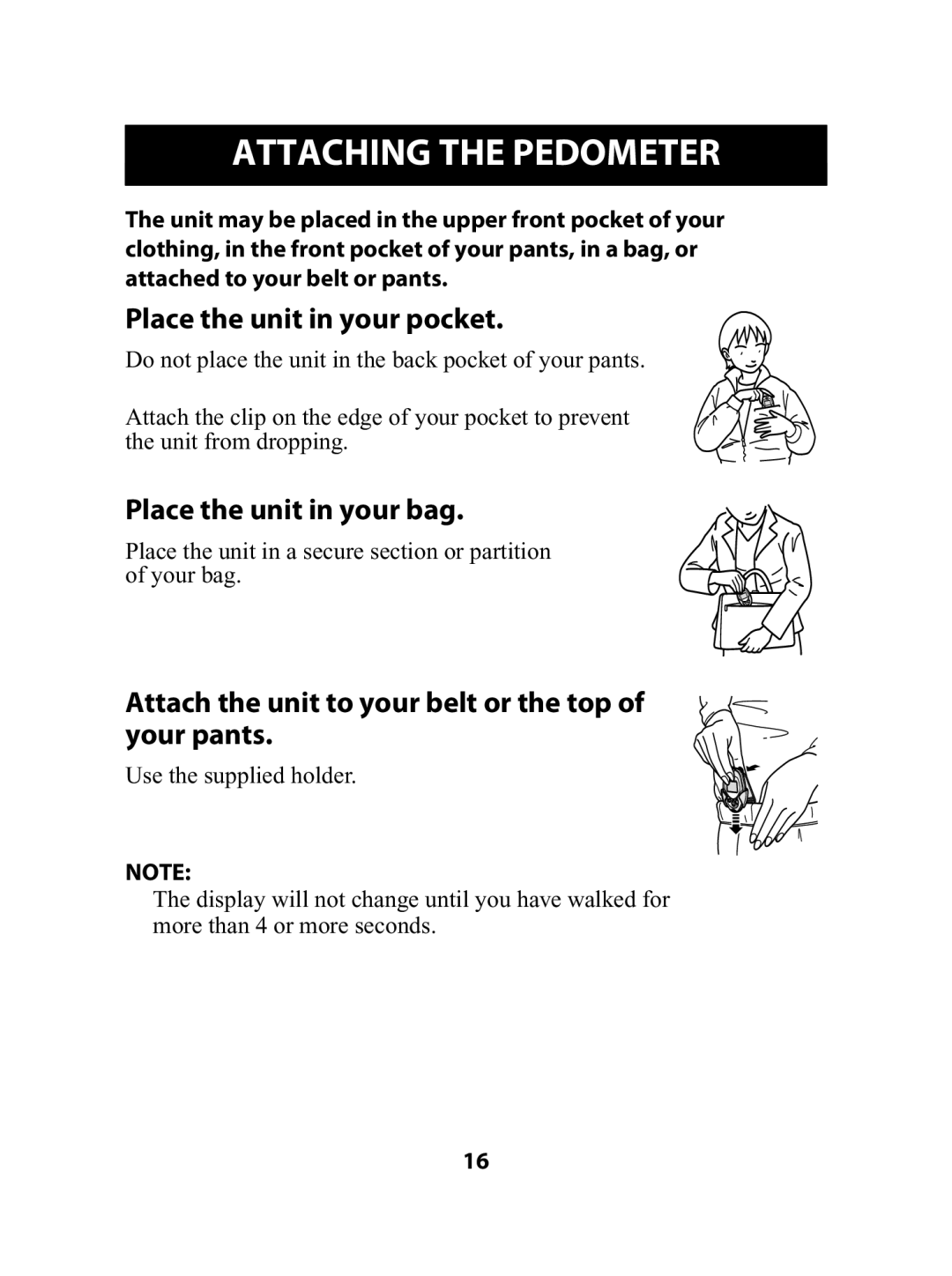 Omron Healthcare HJ-720ITC instruction manual Attaching the Pedometer, Place the unit in your pocket 