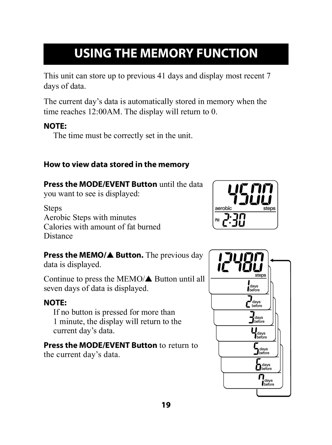 Omron Healthcare HJ-720ITC Using the Memory Function, Press the MEMO/ Button. The previous day data is displayed 