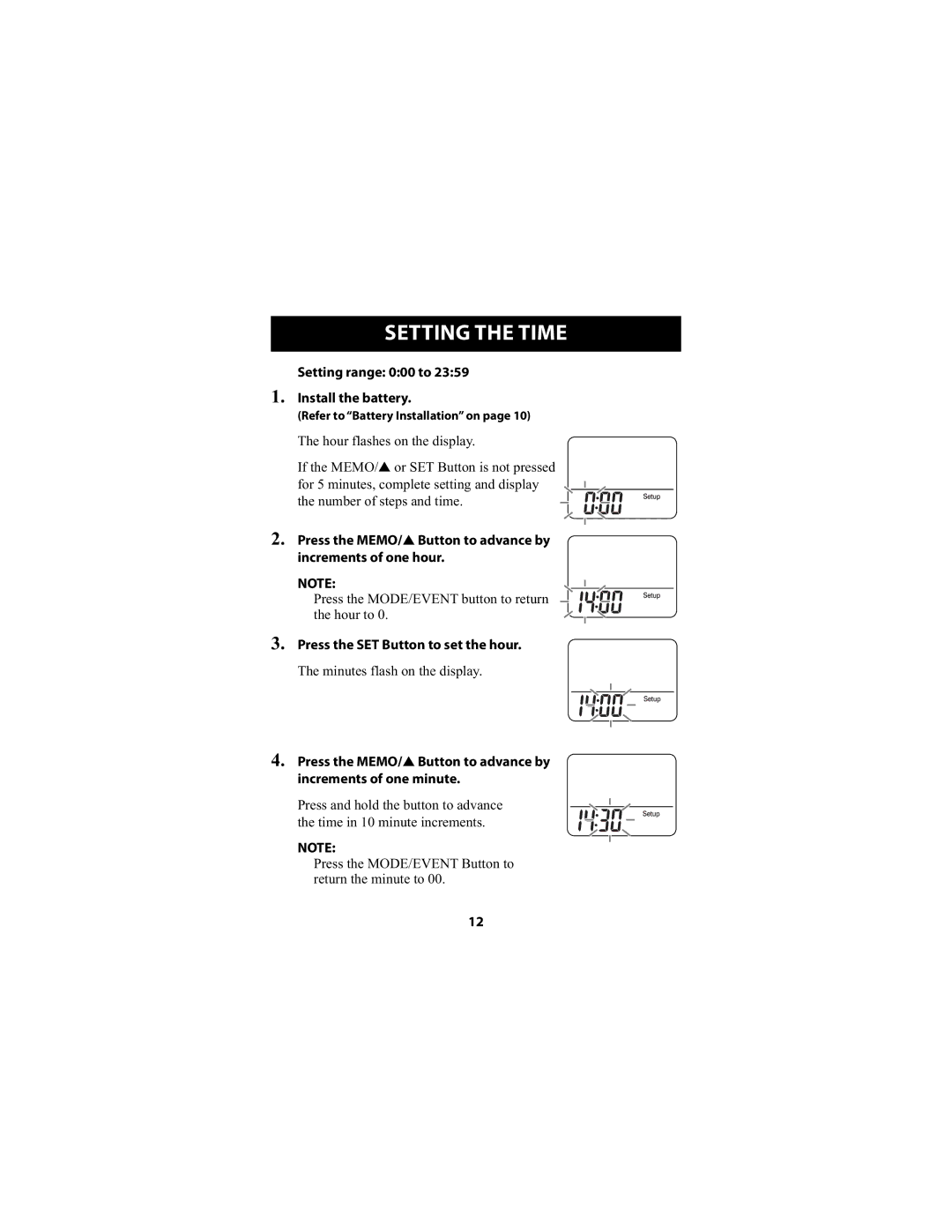 Omron Healthcare HJ-720ITCAN instruction manual Setting the Time, Setting range 000 to Install the battery 