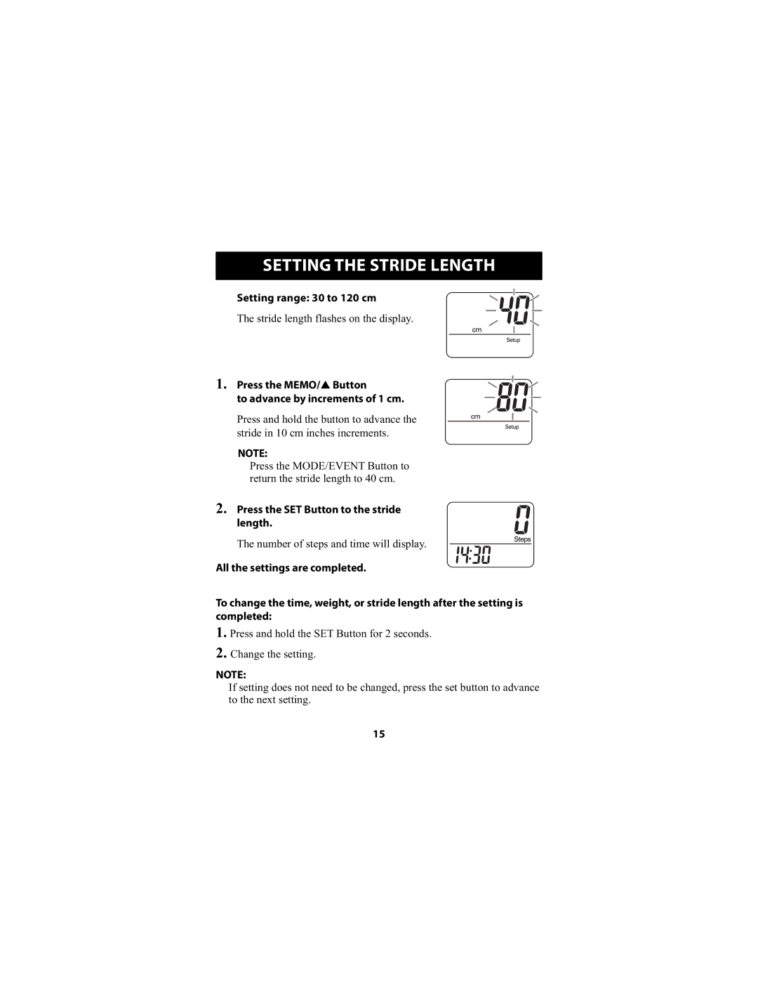 Omron Healthcare HJ-720ITCAN instruction manual Setting the Stride Length, Setting range 30 to 120 cm 