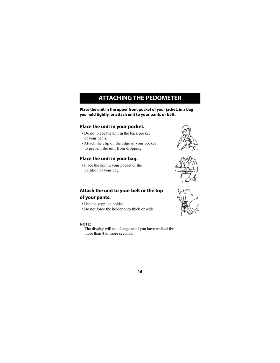 Omron Healthcare HJ-720ITCAN instruction manual Attaching the Pedometer, Place the unit in your pocket 