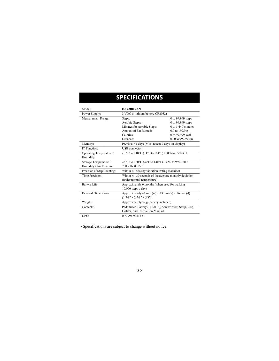 Omron Healthcare HJ-720ITCAN instruction manual Specifications 